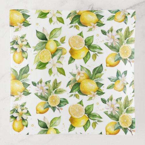 Lemon Pattern Lemon Flowers Leaves Citrus Trinket Tray
