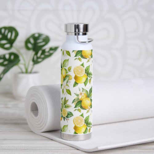 Lemon Pattern Lemon Flowers Leaves Citrus Water Bottle