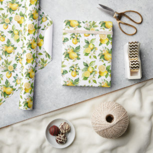 Lemon Pattern, Lemon Flowers, Leaves, Citrus Wrapping Paper
