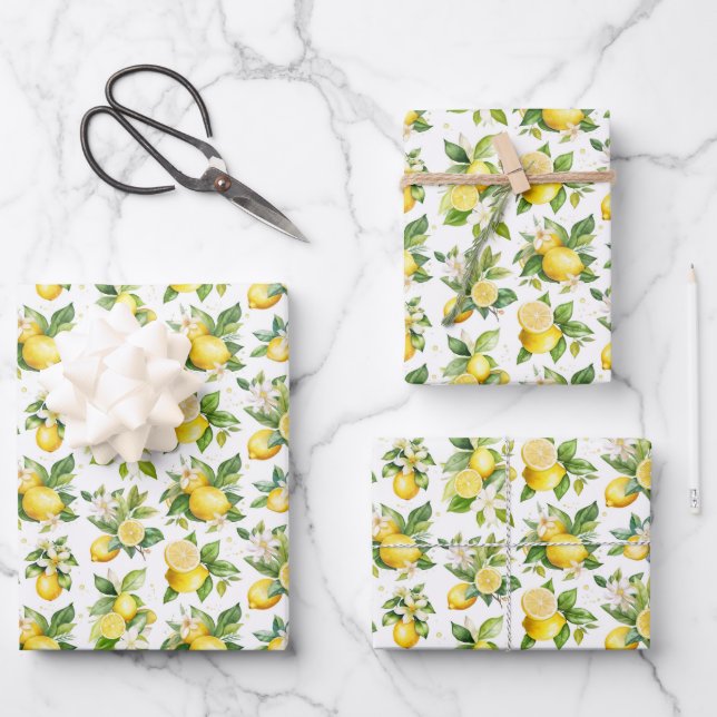 Lemon Pattern, Lemon Flowers, Leaves, Citrus Wrapping Paper Sheets (Front)