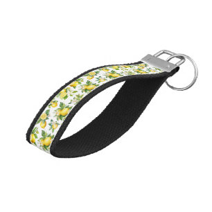 Lemon Pattern, Lemon Flowers, Leaves, Citrus Wrist Keychain