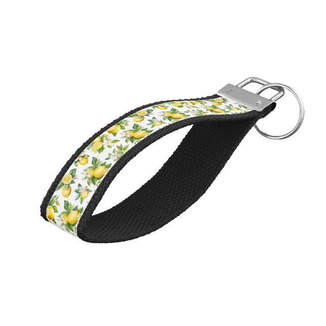 Lemon Pattern, Lemon Flowers, Leaves, Citrus Wrist Keychain (Angled Up)