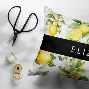 Lemon Pattern, Lemon Flowers, Leaves, Your Name Accent Pillow