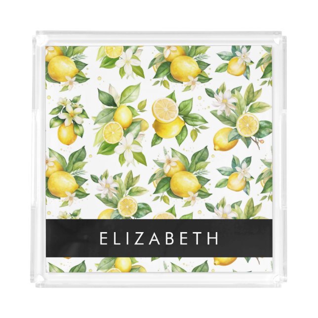Lemon Pattern, Lemon Flowers, Leaves, Your Name Acrylic Tray (Front)