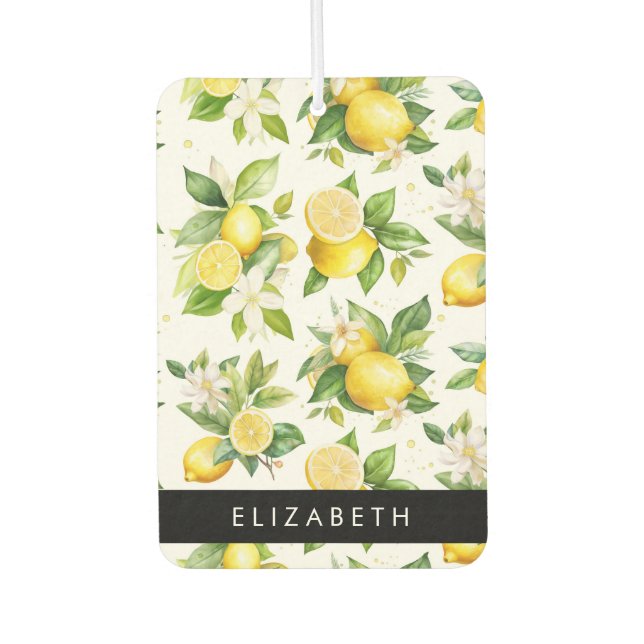 Lemon Pattern, Lemon Flowers, Leaves, Your Name Air Freshener (Front)