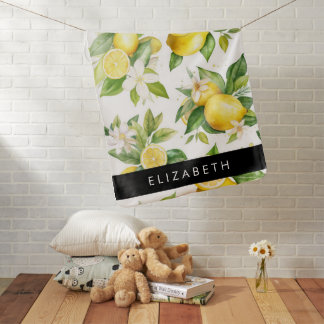 Lemon Pattern, Lemon Flowers, Leaves, Your Name Baby Blanket