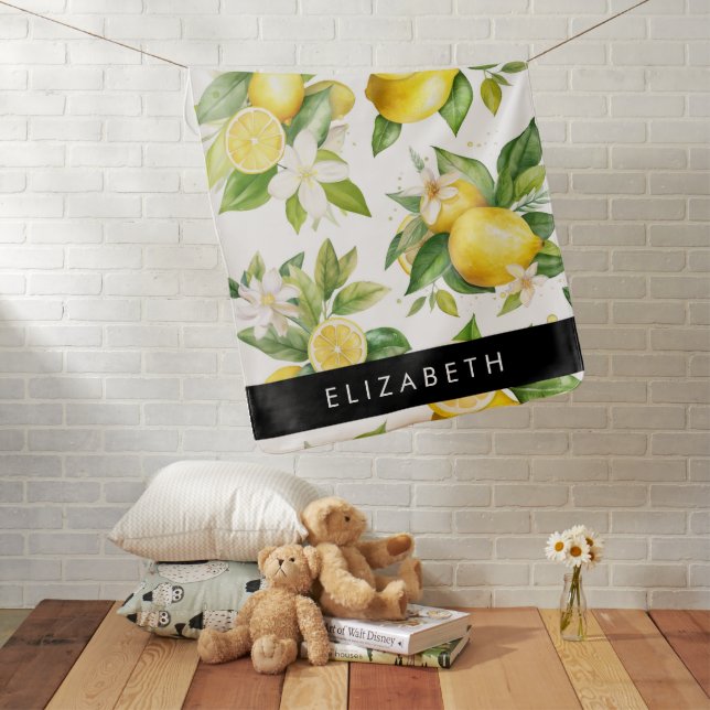 Lemon Pattern, Lemon Flowers, Leaves, Your Name Baby Blanket (In Situ)