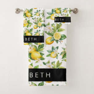 Lemon Pattern, Lemon Flowers, Leaves, Your Name Bath Towel Set