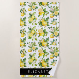 Lemon Pattern, Lemon Flowers, Leaves, Your Name Beach Towel