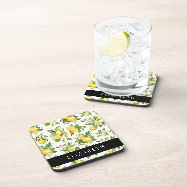 Lemon Pattern, Lemon Flowers, Leaves, Your Name Beverage Coaster (Right Side)