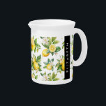 Lemon Pattern, Lemon Flowers, Leaves, Your Name Beverage Pitcher<br><div class="desc">Elegant,  stylish and sophisticated pattern with lemons,  flowers and leaves. Modern and trendy gift,  perfect for the fruit lover in your life. Personalize by adding your name,  nickname,  monogram or initials.</div>