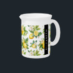 Lemon Pattern, Lemon Flowers, Leaves, Your Name Beverage Pitcher<br><div class="desc">Elegant,  stylish and sophisticated pattern with lemons,  flowers and leaves. Modern and trendy gift,  perfect for the fruit lover in your life. Personalize by adding your name,  nickname,  monogram or initials.</div>