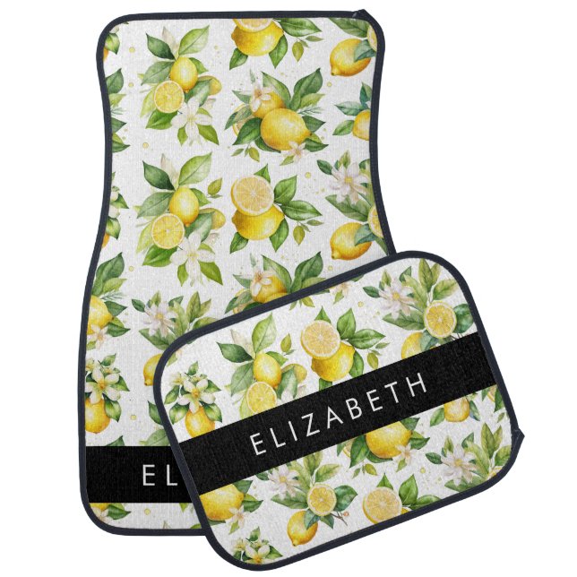 Lemon Pattern, Lemon Flowers, Leaves, Your Name Car Floor Mat (Set)