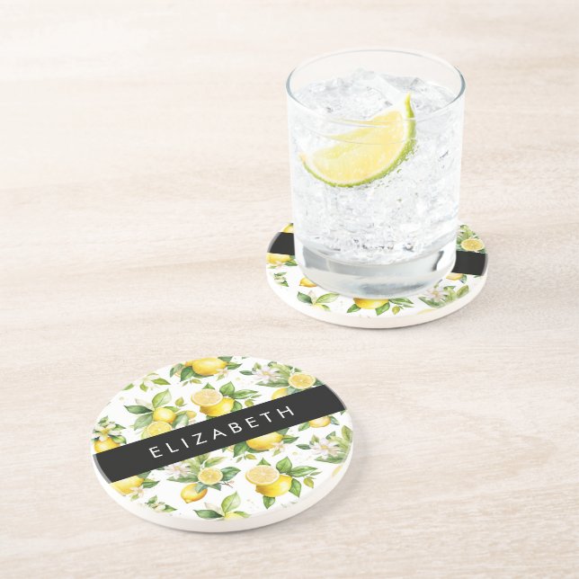 Lemon Pattern, Lemon Flowers, Leaves, Your Name Coaster (Side)