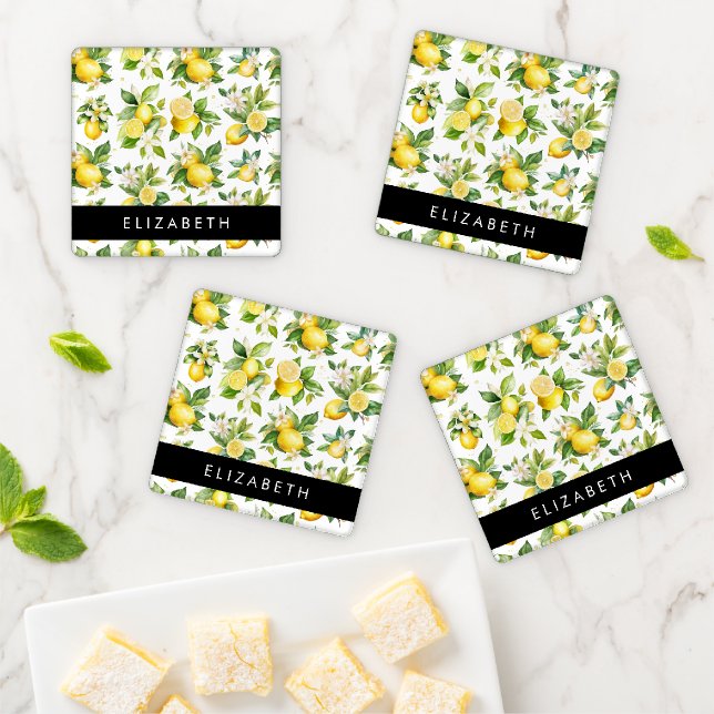 Lemon Pattern, Lemon Flowers, Leaves, Your Name Coaster Set (In Situ)