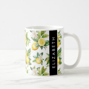 Lemon Pattern, Lemon Flowers, Leaves, Your Name Coffee Mug