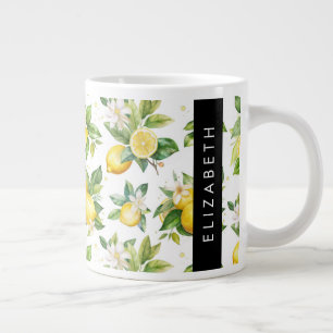 Lemon Pattern, Lemon Flowers, Leaves, Your Name Giant Coffee Mug