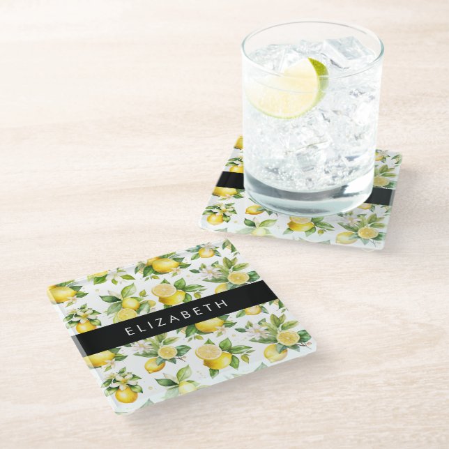 Lemon Pattern, Lemon Flowers, Leaves, Your Name Glass Coaster (Angled)