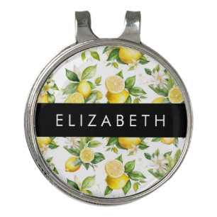 Lemon Pattern, Lemon Flowers, Leaves, Your Name Golf Hat Clip