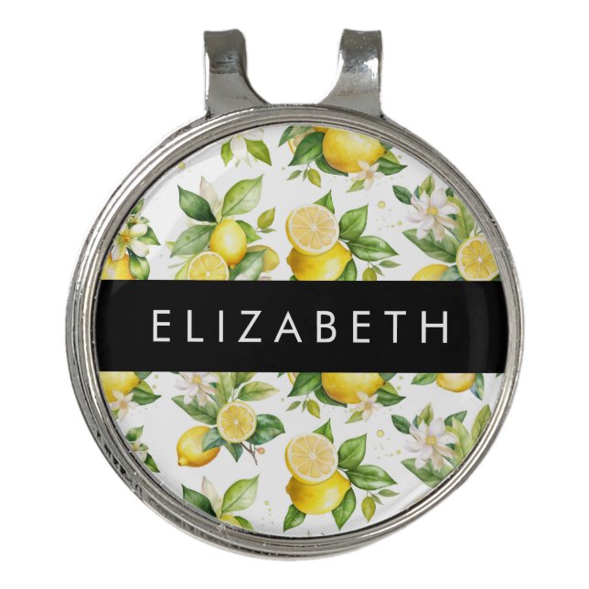 Lemon Pattern, Lemon Flowers, Leaves, Your Name Golf Hat Clip (Front)