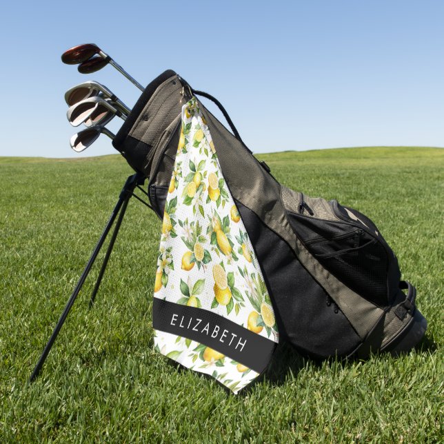 Lemon Pattern, Lemon Flowers, Leaves, Your Name Golf Towel (Green)