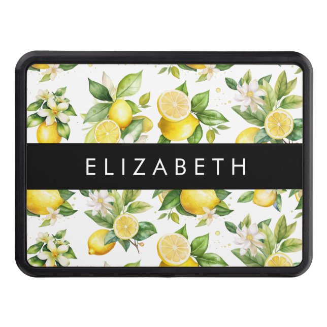 Lemon Pattern, Lemon Flowers, Leaves, Your Name Hitch Cover (Front)