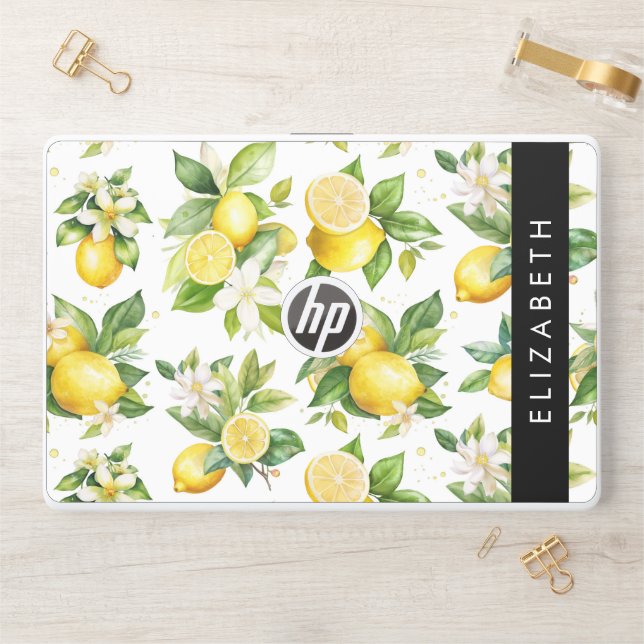 Lemon Pattern, Lemon Flowers, Leaves, Your Name HP Laptop Skin (Desk)