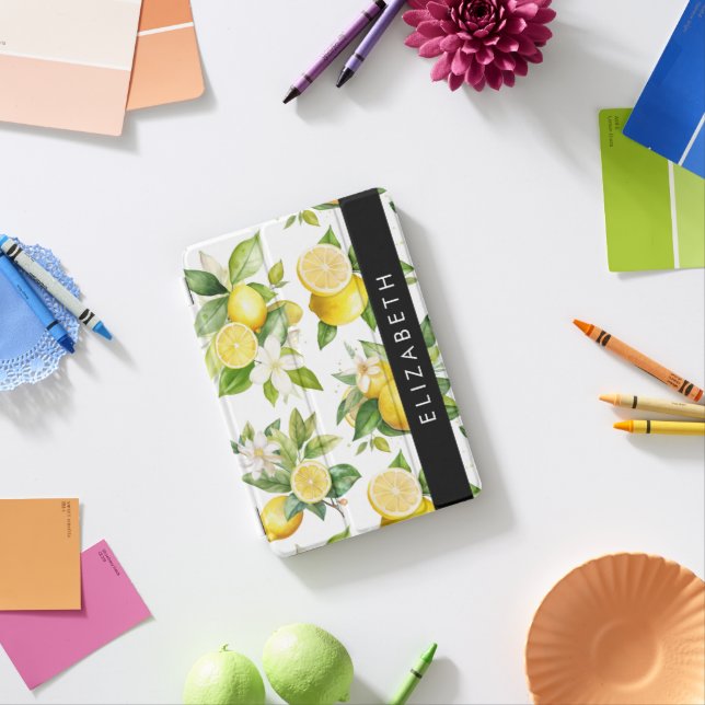Lemon Pattern, Lemon Flowers, Leaves, Your Name iPad Mini Cover (In Situ)