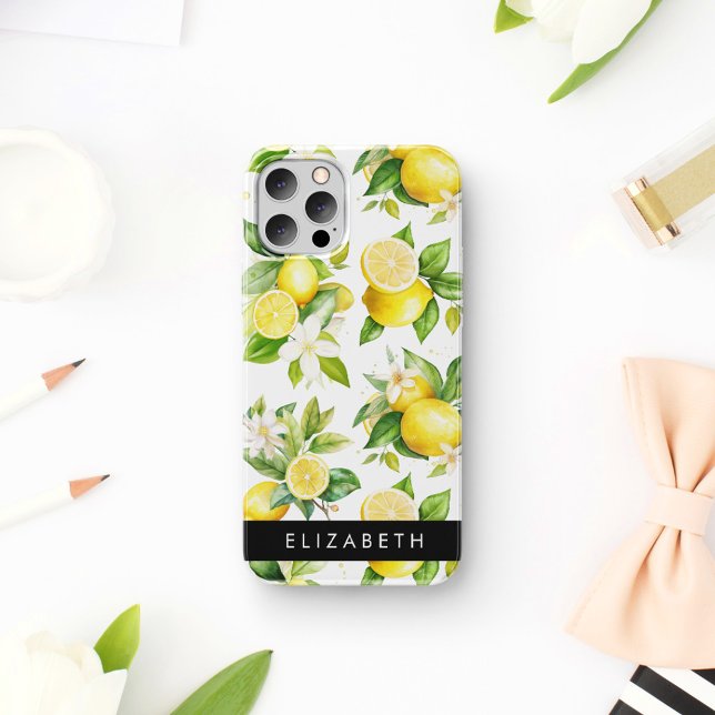 Lemon Pattern, Lemon Flowers, Leaves, Your Name iPhone Case (Creator Uploaded)