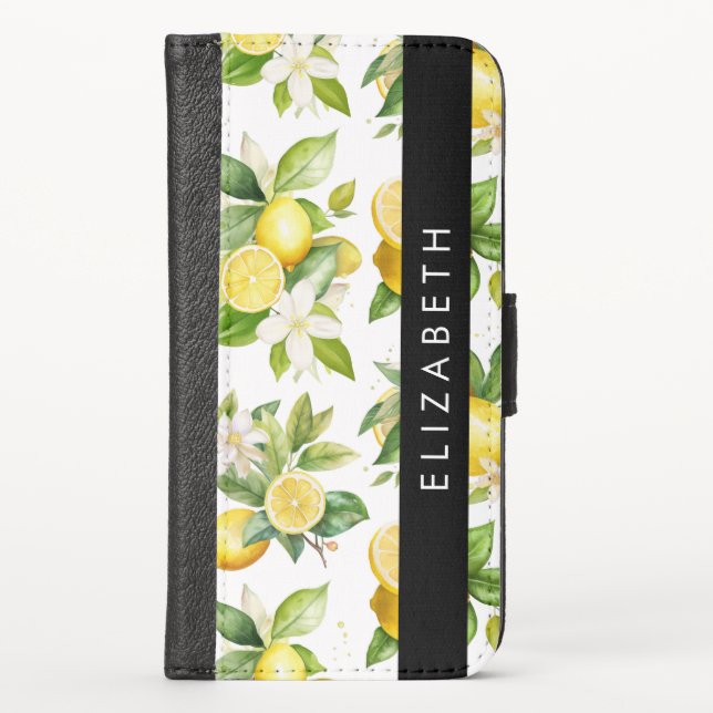 Lemon Pattern, Lemon Flowers, Leaves, Your Name iPhone Wallet Case (Front)