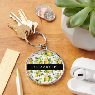 Lemon Pattern, Lemon Flowers, Leaves, Your Name Keychain