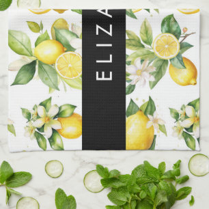 Lemon Pattern, Lemon Flowers, Leaves, Your Name Kitchen Towel