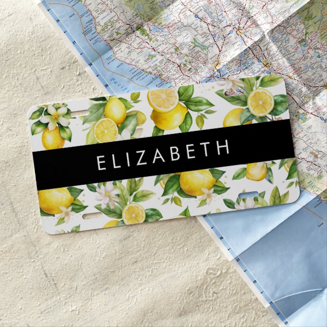 Lemon Pattern, Lemon Flowers, Leaves, Your Name License Plate (In Situ)