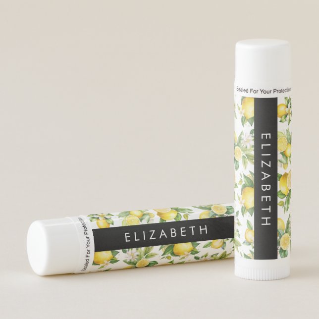 Lemon Pattern, Lemon Flowers, Leaves, Your Name Lip Balm (Front)