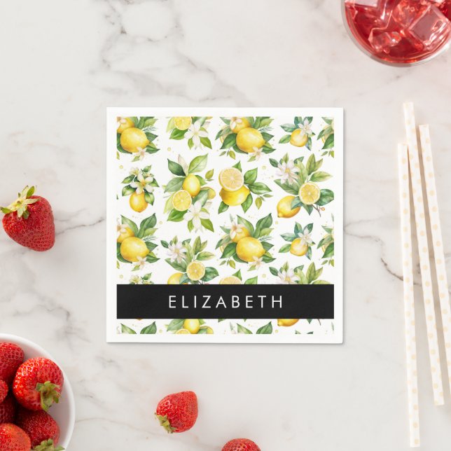 Lemon Pattern, Lemon Flowers, Leaves, Your Name Napkins (Insitu)