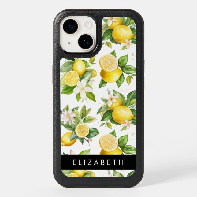 Lemon Pattern, Lemon Flowers, Leaves, Your Name Otterbox iPhone Case (Back)