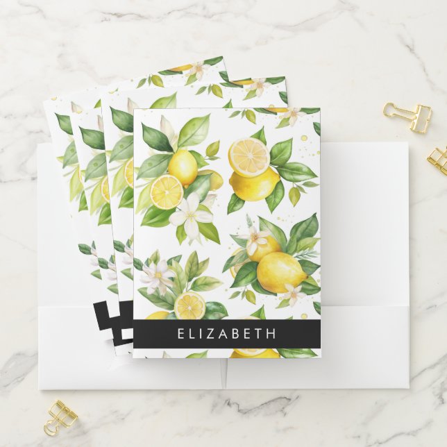 Lemon Pattern, Lemon Flowers, Leaves, Your Name Pocket Folder (In Situ)