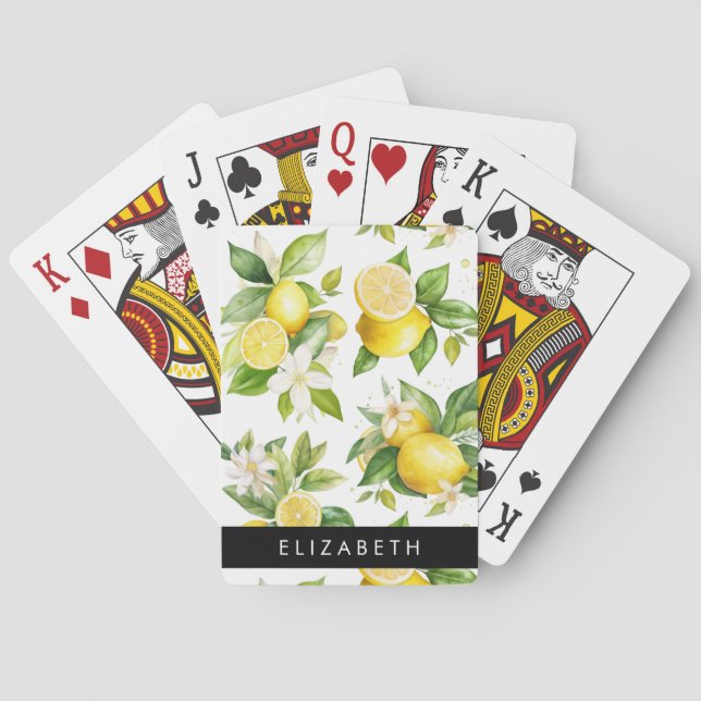 Lemon Pattern, Lemon Flowers, Leaves, Your Name Poker Cards (Back)