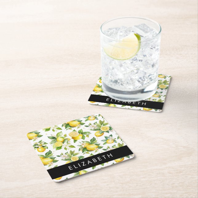 Lemon Pattern, Lemon Flowers, Leaves, Your Name Square Paper Coaster (Insitu)