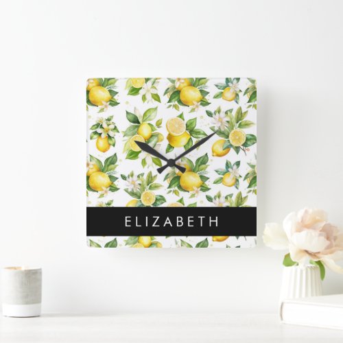 Lemon Pattern Lemon Flowers Leaves Your Name Square Wall Clock