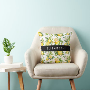 Lemon Pattern, Lemon Flowers, Leaves, Your Name Throw Pillow