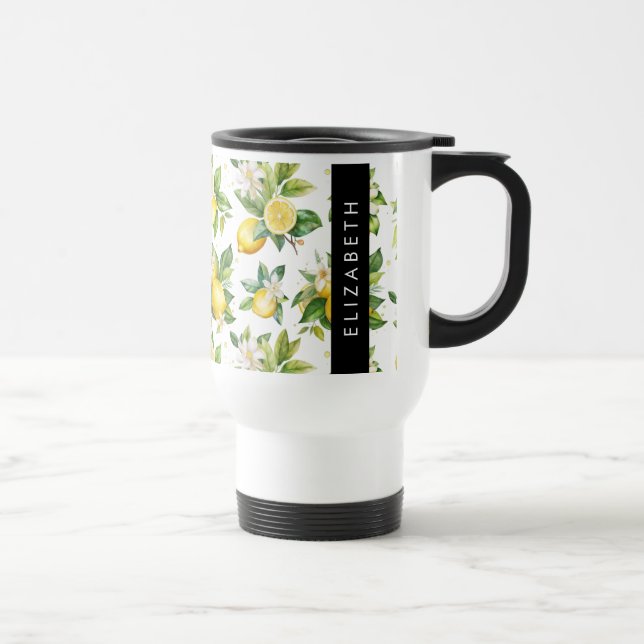 Lemon Pattern, Lemon Flowers, Leaves, Your Name Travel Mug (Right)