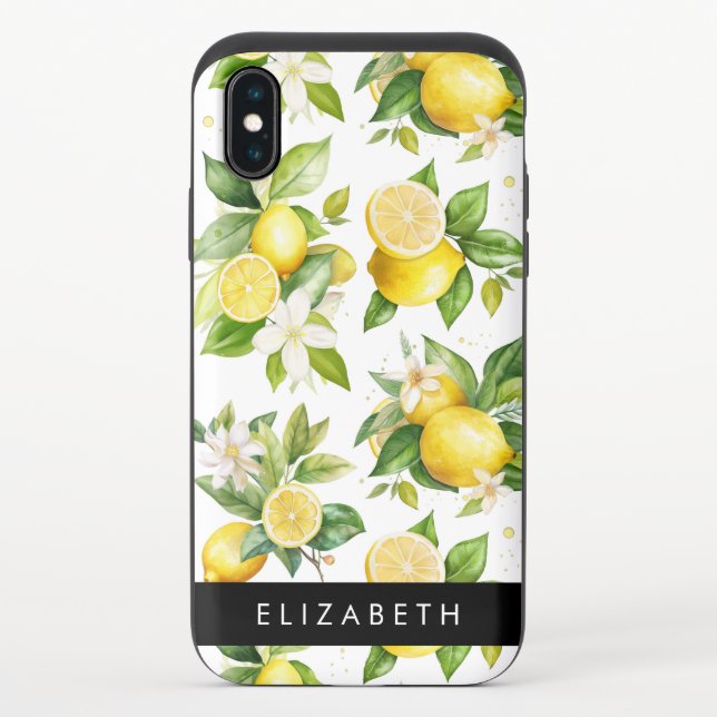 Lemon Pattern, Lemon Flowers, Leaves, Your Name Uncommon iPhone Case (Back)