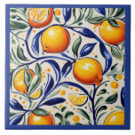 Lemon pattern Mediterranean Italian Citrus Fruit Ceramic Tile<br><div class="desc">summery sicilian ceramic tile, italian hand painted pattern, mediterranean majolica portuguese design, dark blue and white, navy green yellow lemons, fresh summer citrus art, bold vibrant fun portugal, authentic classic traditional painting, rustic countryside farm vacation, swirling lemon swirls</div>