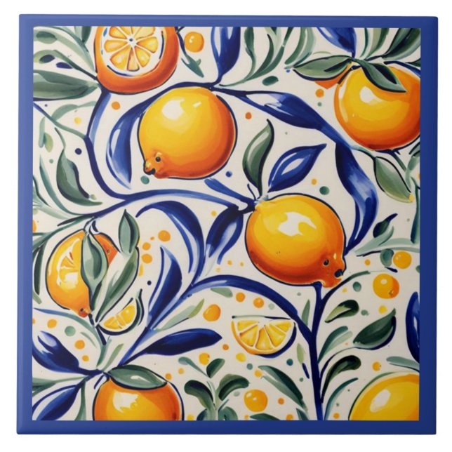 Lemon pattern Mediterranean Italian Citrus Fruit Ceramic Tile (Front)