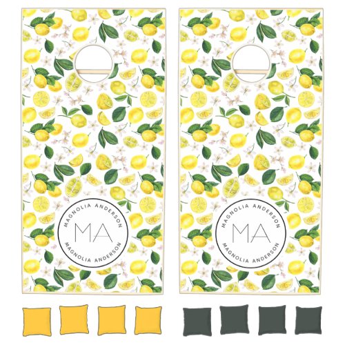 Lemon Pattern Monogram Name  Cornhole Set