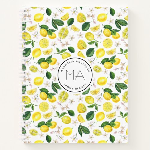 Lemon Pattern Monogram Name Recipe Notebook