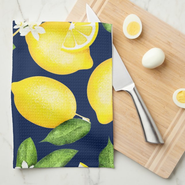 Lemon Pattern Navy Blue Kitchen Towel (Quarter Fold)