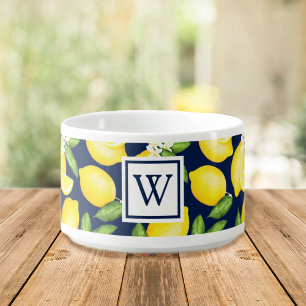 Lemon Pattern Navy Blue Monogram Bowl