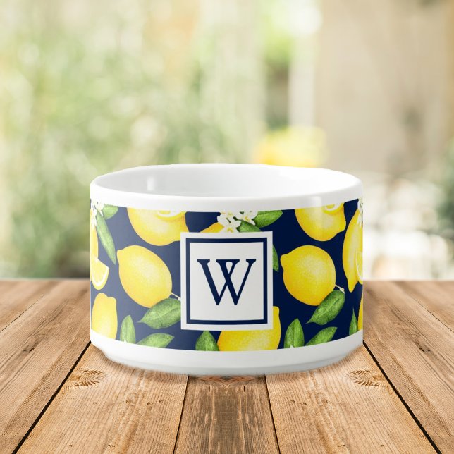 Lemon Pattern Navy Blue Monogram Bowl (Creator Uploaded)